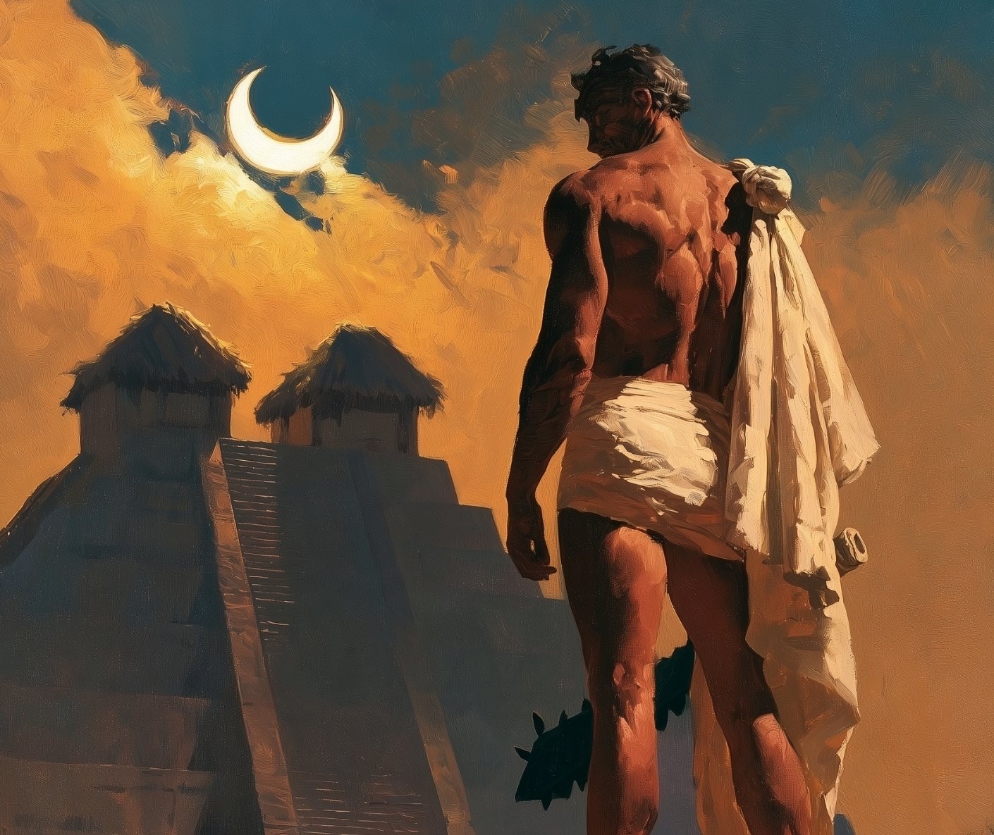Painted cover art: Beck, wrapped in white cloth, looks out at a stepped temple under a crescent eclipse.
